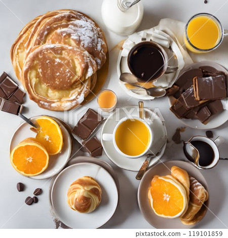 Indulgent Breakfast Combo Orange Juice, Coffee, and Pancakes 119101859