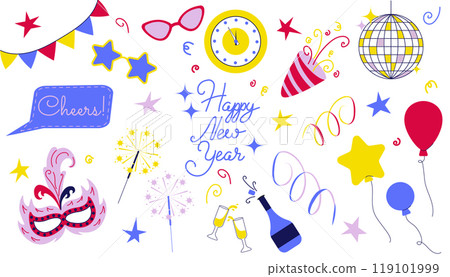 Happy New Year Icon set for invitations, party, event, celebrations 31 December. Simple, fun vector designs. Illustration in flat style isolated on white background. Happy New Year Icon set for invitations, party, event, celebrations 31 December. Simple, fun vector designs. Illustration in flat style isolated on white background. 119101999