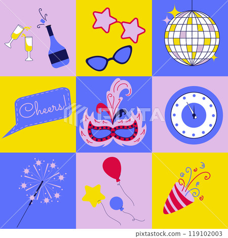 Happy new year seamless pattern. Geometric square retro design with new year party elements. Decorative vector illustration. Winter holidays. Modern trendy pattern in swatches. 119102003