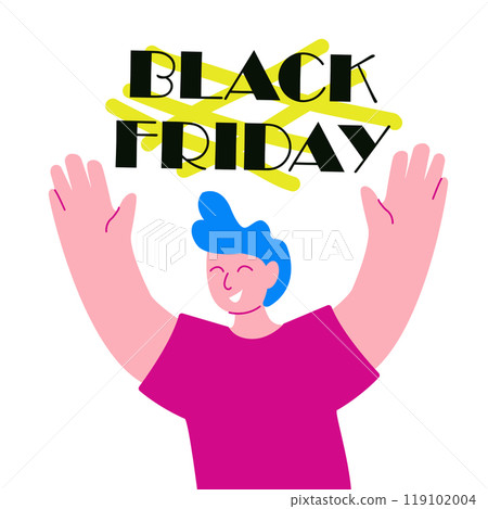 Black Friday sale concept. Happy guy announcing big seasonal sale. Vector illustration isolated on background Black Friday sale concept. Happy guy announcing big seasonal sale. Vector illustration isolated on background 119102004