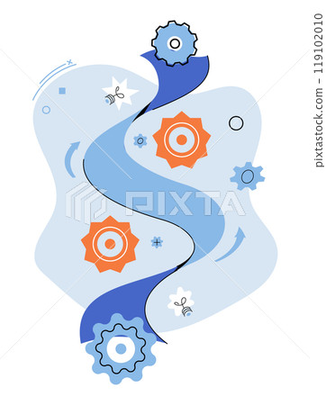 Flexibility. Gears represent interconnectedness, surrounded by arrows, pathways, bees and stars, indicating movement and progress. Ideal for process, workflow, innovation, development Flexibility. Gears represent interconnectedness, surrounded by arrows, pathways, bees and stars, indicating movement and progress. Ideal for process, workflow, innovation, development 119102010