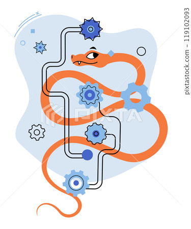 Flexibility. A snake intertwined with several cogs and gears, depicted in blue and orange hues, symbolizing connection and movement. Ideal for technology, programming, automation, flexibility Flexibility. A snake intertwined with several cogs and gears, depicted in blue and orange hues, symbolizing connection and movement. Ideal for technology, programming, automation, flexibility 119102093