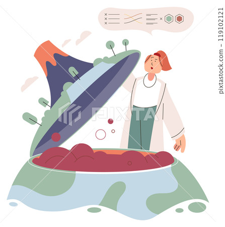 Scientist woman. Vector illustration. Scientific research in volcano core to improve Earth outcomes Scientist play crucial role in Earth care and ecology management The scientist woman 119102121