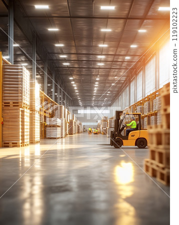 Warehouse Action Scene: Workers Operating Forklift Amidst Stacked Pallets in Daylight 119102223