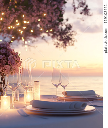 Romantic Evening Dinner for Two on a Secluded Beach at Sunset Romantic Evening Dinner for Two on a Secluded Beach at Sunset 119102231