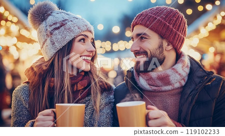Winter Holiday Joy: Smiling Couple Enjoying Warm Drinks in Festive Market Winter Holiday Joy: Smiling Couple Enjoying Warm Drinks in Festive Market 119102233
