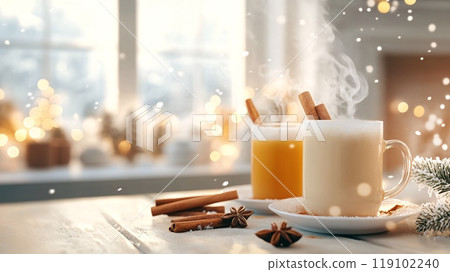 Cozy Winter Morning with Warm Beverages in a Charming Kitchen Setting 119102240