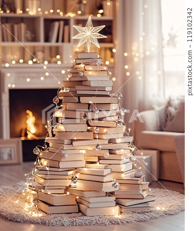 Creative Christmas Tree Made of Books with Star and String Lights 119102342