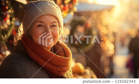 Cheerful Woman at a Festive Holiday Market Stall in Winter Sunshine Cheerful Woman at a Festive Holiday Market Stall in Winter Sunshine 119102343