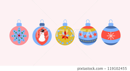 A collection of colorful christmas ornaments on a soft pastel background, featuring festive designs perfect for holiday themes and decorations A collection of colorful christmas ornaments on a soft pastel background, featuring festive designs perfect for holiday themes and decorations 119102455