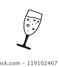 Simple minimalist illustration of a champagne glass with bubbles, set against a white background, 119102467