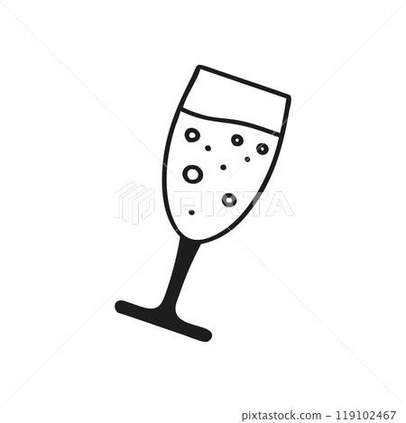 Simple minimalist illustration of a champagne glass with bubbles, set against a white background, Simple minimalist illustration of a champagne glass with bubbles, set against a white background, 119102467