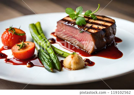 Grilled beef, grilled vegetables, in a luxurious kitchen, ultra detailed. 119102562