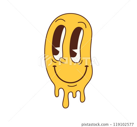 Cartoon retro groovy melt smile face, hippie character. Isolated vector yellow vintage dripping emoji, melting psychedelic facial expression. Weird, trippy face, positive, surreal acid, lsd funky vibe Cartoon retro groovy melt smile face, hippie character. Isolated vector yellow vintage dripping emoji, melting psychedelic facial expression. Weird, trippy face, positive, surreal acid, lsd funky vibe 119102577