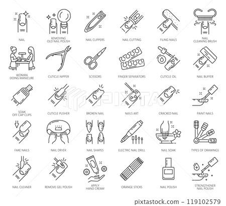Nail manicure service icons. Nail polish and hand care tools of beauty or spa salon vector thin line symbols. Fingernail file, scissors, cutter and buffer, cuticle clipper, nipper and hand skin cream 119102579