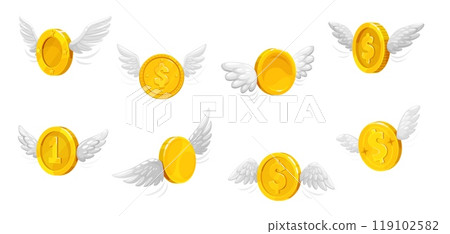 3d golden money coins with wings. Isolated vector flying currency, enchanting, mythical treasures, glimmering as they soar through the air, propelled by magical wings, symbolizing prosperity, fortune 119102582