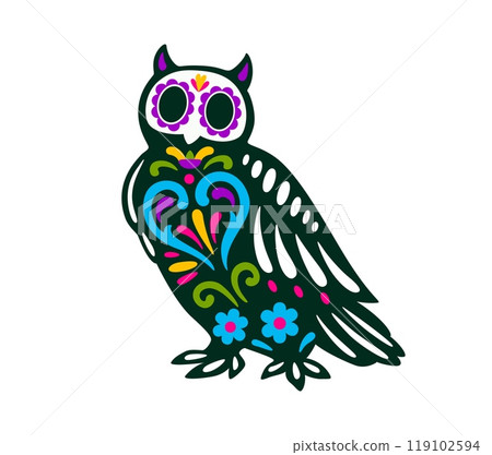 Mexican day of the dead owl animal tattoo. Vibrant vector bird sugar skull, owl-shaped skeleton, adorned with intricate patterns and vivid colors captures the essence of cultural Halloween celebration 119102594