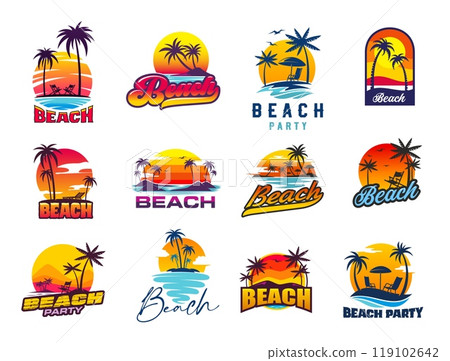 Tropical summer beach icons with palm trees, resort paradise, vector travel, vacation and tourism. Tropical island sunset symbols set for summer beach party with sea waves, palms, chairs and umbrellas 119102642