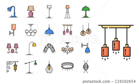 Lamp color line icons. Halogen and flashlight, lantern and chandelier, candle and spotlight, vector outline home lighting and street lights set. Table, wall, floor stand and ceiling lamps 119102654