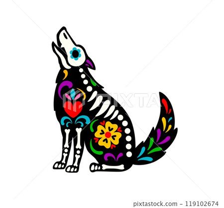 Dead Halloween skeleton, Mexican day of the dead dog animal tattoo. Isolated vector wild howling sugar skull coyote or wolf figure with colorful traditional motifs and bones, celebrating death holiday 119102674