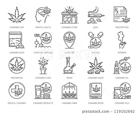 Cannabis line icons of CBD and marijuana weed extract for medical smoking, vector pictograms. Cannabis line icons of marijuana leaf and buds, CBD oil, smoking bong and cannabinoid chemical formula Cannabis line icons of CBD and marijuana weed extract for medical smoking, vector pictograms. Cannabis line icons of marijuana leaf and buds, CBD oil, smoking bong and cannabinoid chemical formula 119102692