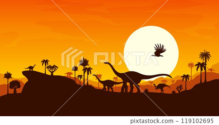 Prehistoric dinosaur silhouettes at sunset vector background. Jurassic nature landscape with dino animals, prehistoric jungle and setting sun. Arrhinoceratops, probactrosaurus, cetiosaurus dinosaurs 119102695