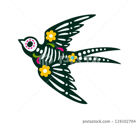 Mexican day of the dead swallow animal tattoo. Isolated vector vibrant sugar skull of flying bird with bones, intricate patterns, bold colors and floral motifs symbolizing cycle of life and death 119102704