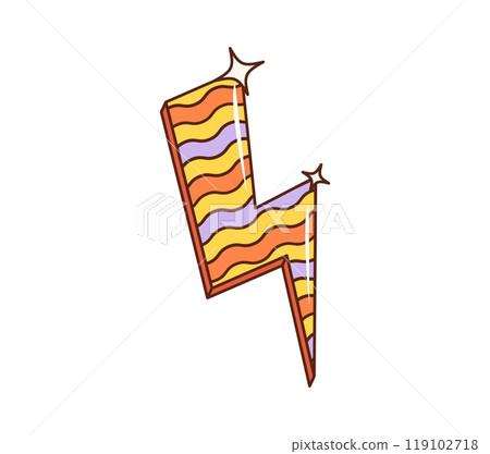 Cartoon retro lightning in 70s and 80s hippie groovy art, vector symbol. Cartoon lightning with psychedelic flow and star shine sparkles in 70s or 80s retro hippie style for funky sticker or patch Cartoon retro lightning in 70s and 80s hippie groovy art, vector symbol. Cartoon lightning with psychedelic flow and star shine sparkles in 70s or 80s retro hippie style for funky sticker or patch 119102718