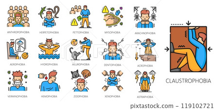 Human phobia color line icons, mental health, psychology problems. Afraid men with anxiety disorders vector outline signs. Claustrophobia, acrophobia, arachnophobia, zoophobia and aerophobia Human phobia color line icons, mental health, psychology problems. Afraid men with anxiety disorders vector outline signs. Claustrophobia, acrophobia, arachnophobia, zoophobia and aerophobia 119102721