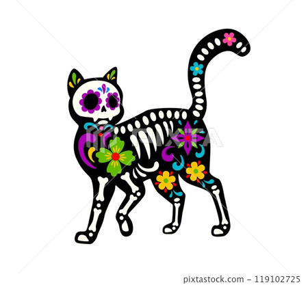 Dead Halloween skeleton, Mexican day of the dead cat animal tattoo. Vector Dia de Los Muertos kitten sugar skull figure, featuring rich patterns and bones, celebrates memory of departed feline pets Dead Halloween skeleton, Mexican day of the dead cat animal tattoo. Vector Dia de Los Muertos kitten sugar skull figure, featuring rich patterns and bones, celebrates memory of departed feline pets 119102725