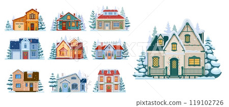 Cartoon Christmas winter house facade exteriors. Snowy home buildings of vector Xmas holiday town street. Houses with Christmas trees, lights garland and wreath decorations on windows and front doors 119102726