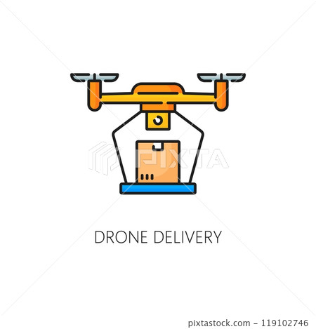 Drone carrying a package for delivery. Vector linear color icon highlights modern technology in logistics and future of automated delivery systems, supply chain and transportation and cargo shipping 119102746
