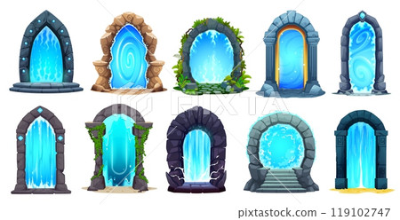 Fantasy game magic portal, cartoon fairytale doors set. Vector gates, doorways and gateways to worlds of adventure, teleportation, and time-travel. Mystical energy plasma light framed in stone arches 119102747