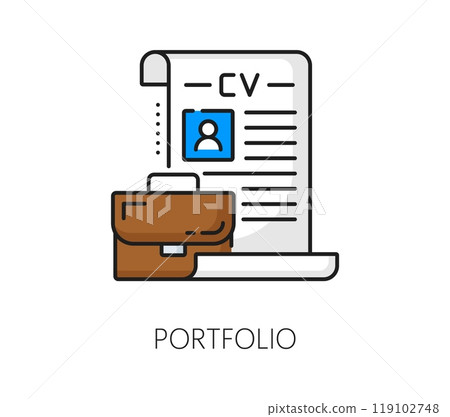 Recruitment portfolio, job search color line icon. Business employment service icon, company human resources candidate or head hunter recruitment outline vector symbol with CV document, and suitcase 119102748