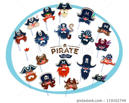 Pirate carnival and photo booth masks of corsair sailor in tricorne hats, vector props. Pirate masquerade or photobooth masks of captain with eyepatch and sailor in bandana with Jolly Roger skull Pirate carnival and photo booth masks of corsair sailor in tricorne hats, vector props. Pirate masquerade or photobooth masks of captain with eyepatch and sailor in bandana with Jolly Roger skull 119102749