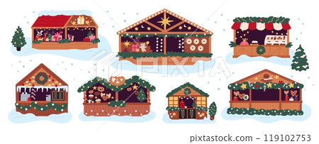 Cartoon Christmas market stalls. Holiday fair stands and shops. Xmas wooden houses with sweets souvenirs and decorations. Gifts selling kiosks. Pastry street stores. Garish vector set 119102753