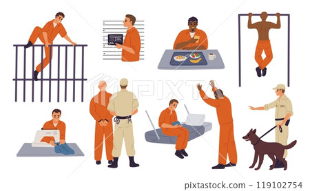 Cartoon people in prison. Prisoner characters. Men in orange jumpsuits. Lawbreakers serving time. Wardens and guards. Jail detention cells. Convicted guys. Garish vector criminal set 119102754