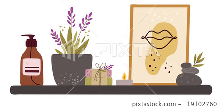 Cozy bathroom shelf. Lavender in flowerpot. Aroma candle. Scented soap. Cleanser bottle dispenser. Natural stone. Picture on wall shelving. Washroom accessory. Vector room interior element Cozy bathroom shelf. Lavender in flowerpot. Aroma candle. Scented soap. Cleanser bottle dispenser. Natural stone. Picture on wall shelving. Washroom accessory. Vector room interior element 119102760