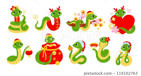 Cute snake characters. 2025 New Year symbol. Chinese New Year mascot. Cartoon green serpent with Christmas hat and money prosperity bag. Horoscope sign. Zodiac animal. Garish vector set Cute snake characters. 2025 New Year symbol. Chinese New Year mascot. Cartoon green serpent with Christmas hat and money prosperity bag. Horoscope sign. Zodiac animal. Garish vector set 119102763