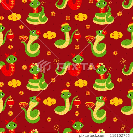 Cute snakes seamless pattern. Funny serpents. Chinese New Year mascot. Zodiac animals. Repeated print. 2025 symbol. Asian horoscope. Holiday reptile characters. Garish vector background Cute snakes seamless pattern. Funny serpents. Chinese New Year mascot. Zodiac animals. Repeated print. 2025 symbol. Asian horoscope. Holiday reptile characters. Garish vector background 119102765