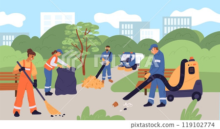 Janitors cleaning street. Cleaners team in uniform collect garbage and fallen leaves. Groundskeepers sweeping park paths. Sweeper vacuuming rubbish from city roads. Garish vector concept Janitors cleaning street. Cleaners team in uniform collect garbage and fallen leaves. Groundskeepers sweeping park paths. Sweeper vacuuming rubbish from city roads. Garish vector concept 119102774