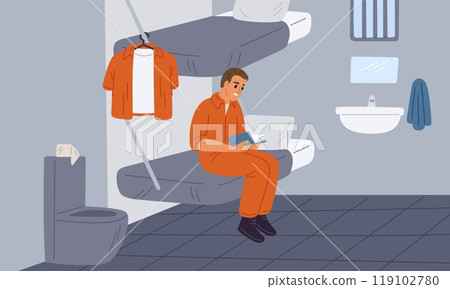 Man in prisoners cell. Serving time for crime. Violation of law. Guy in orange uniform reading book or bible. Jail interior. Convicted lawbreaker sitting on bed. Garish vector concept Man in prisoners cell. Serving time for crime. Violation of law. Guy in orange uniform reading book or bible. Jail interior. Convicted lawbreaker sitting on bed. Garish vector concept 119102780
