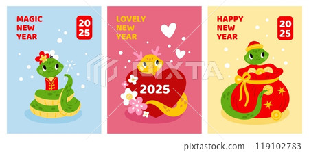 New Year cute snakes. Holiday greeting cards. 2025 symbols. Chinese horoscope characters. Funny serpents. Zodiac animal mascots. Reptile with gold money bag. Love heart. Garish vector set 119102783