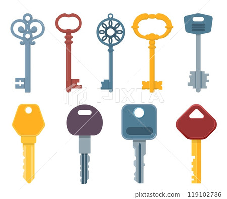 Old and modern keys. Metal door unlocking elements. Different carving types. Simple or vintage shapes. House protection passkeys. Safety locks objects. Vector isolated latchkeys set 119102786