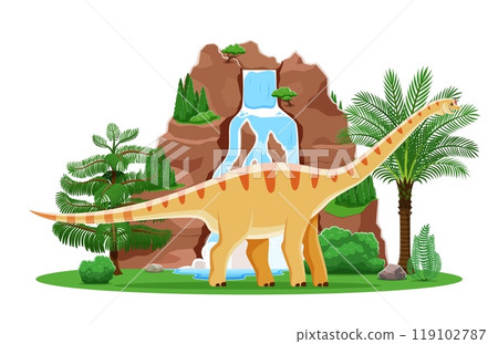 Cartoon prehistoric dinosaur lizard, Aragosaurus in Jurassic park forest, vector dino character. Prehistoric era funny dinosaur Aragosaurus in jungle with waterfall on mountain for kids paleontology Cartoon prehistoric dinosaur lizard, Aragosaurus in Jurassic park forest, vector dino character. Prehistoric era funny dinosaur Aragosaurus in jungle with waterfall on mountain for kids paleontology 119102787