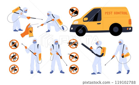 Pest control workers. Parasites extermination. People in protective costumes with chemical insecticide sprayers. Exterminators spray pesticide. Insects fumigation. Garish vector set 119102788