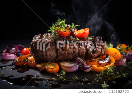 grilled beef steak with grilled vegetables and seasoning on dark background. grilled beef steak with grilled vegetables and seasoning on dark background. 119102793