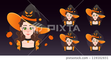 Cartoon young pretty witch avatar set. Beaulifull green eyed girl with face expressions. Magican with pumpkin necklate and brown hairs 119102831