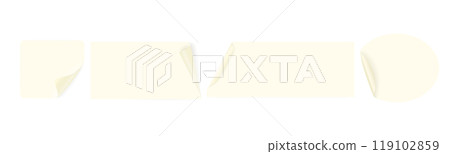 Set of beige paper stickers of different geometric shapes round, square, rectangular with curved corners. Blank adhesive paper or plastic stickers. Vector reminders for design Set of beige paper stickers of different geometric shapes round, square, rectangular with curved corners. Blank adhesive paper or plastic stickers. Vector reminders for design 119102859