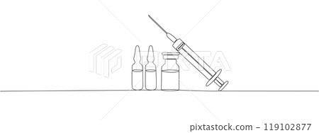 Drawing of a syringe and drug vial with one continuous editable line. Symbol of pharmaceutical drugs and vaccines. Vector line illustration. 119102877